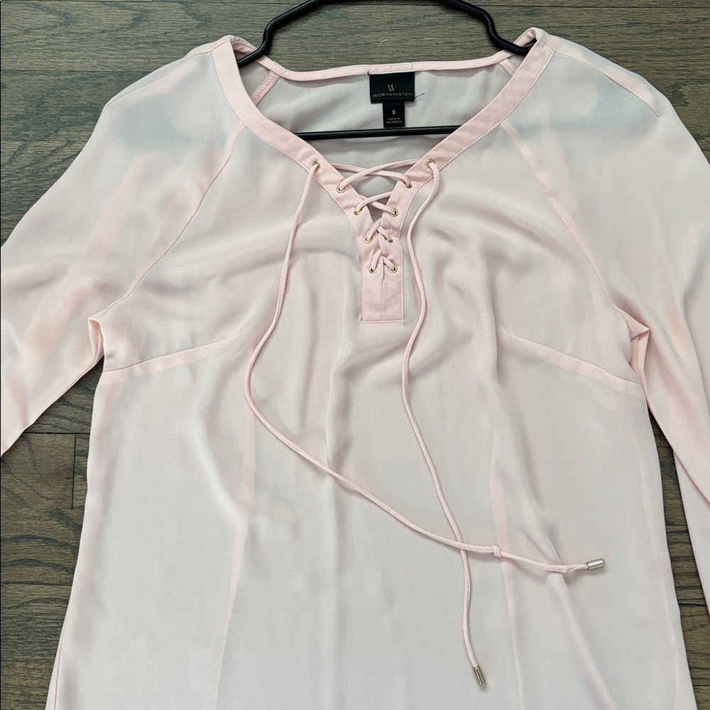 Worthington Light Pink Lace-Up Blouse - Picture 7 of 16